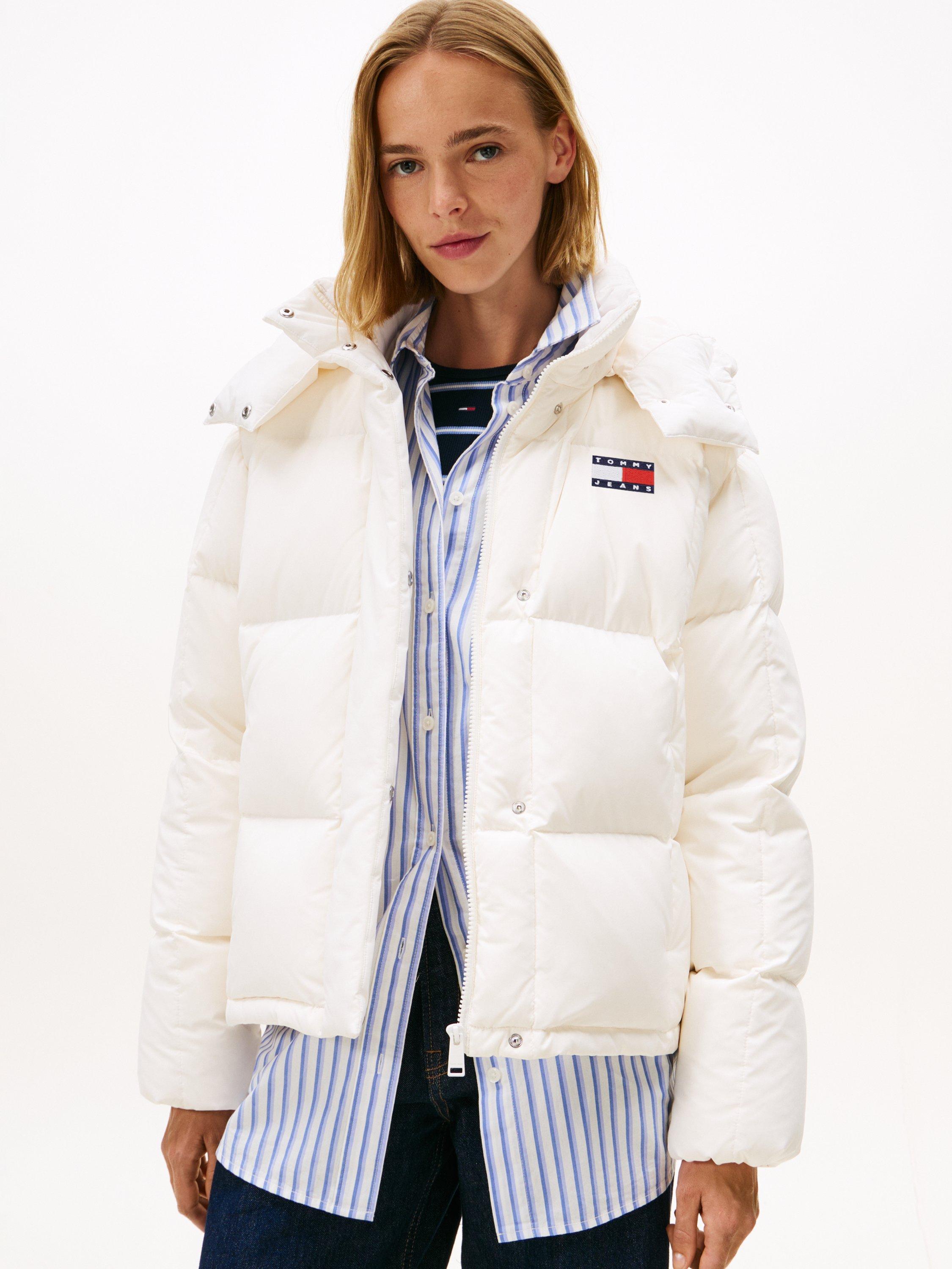 Product image 1 of 5, which shows Tommy Jeans Alaska Shiny Down Longline Puffer Jacket, Ancient White, S