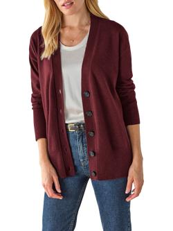 Pure Collection Cashmere Open V-Neck Boyfriend Cardigan, Berry Red