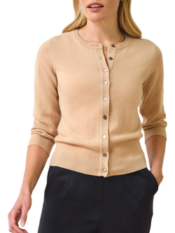 Pure Collection Cropped Smoked Shell Button Pure Cashmere Cardigan, Pale Camel, Pale Camel