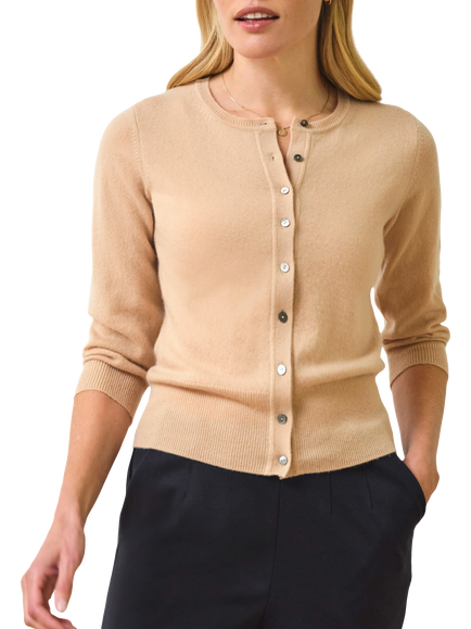 Pure Collection Cropped Smoked Shell Button Pure Cashmere Cardigan, Pale Camel, Pale Camel