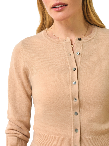 Pure Collection Cropped Smoked Shell Button Pure Cashmere Cardigan, Pale Camel - view 2, Pale Camel