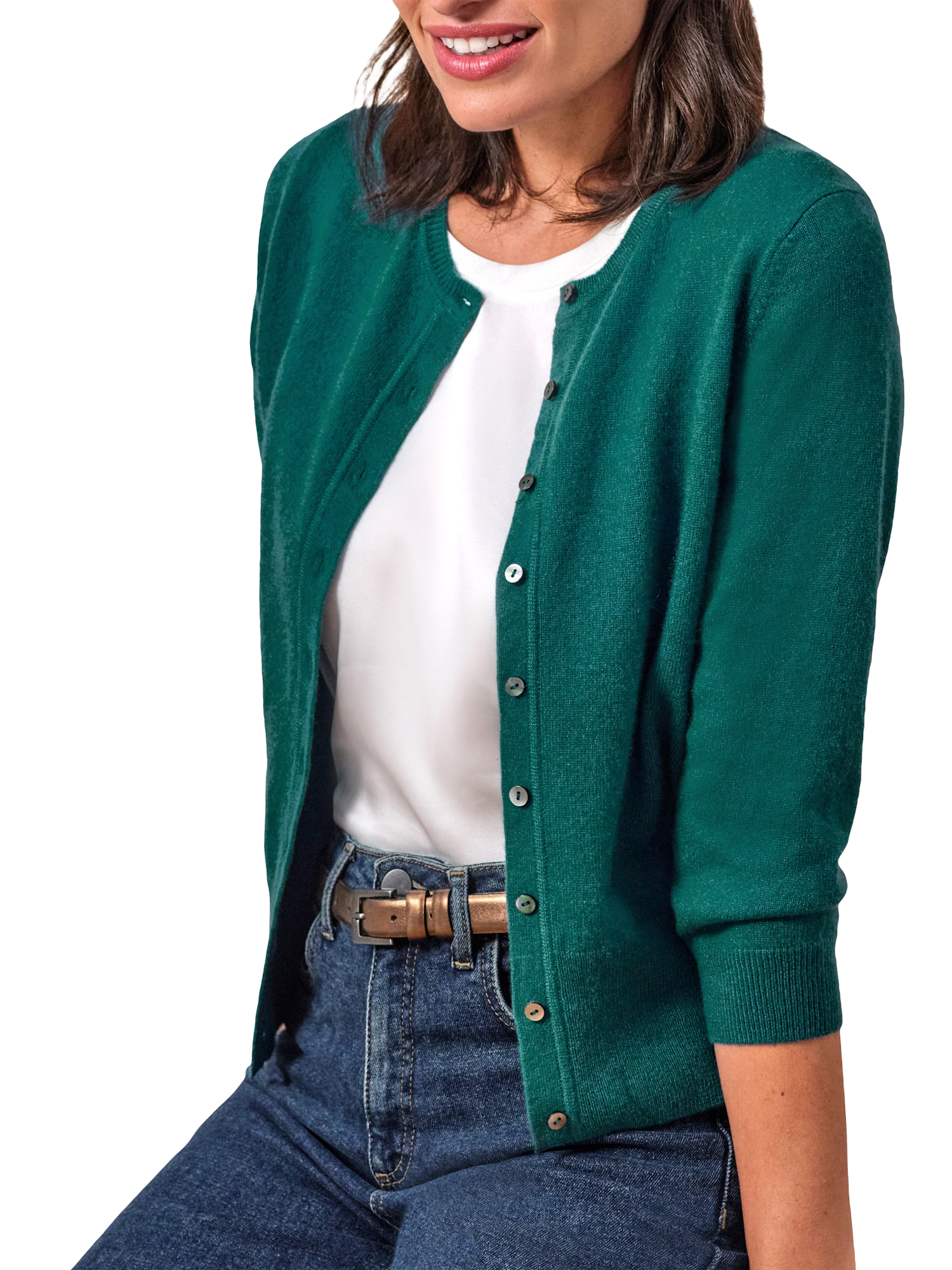 Product image 1 of 3, which shows Pure Collection Cashmere Cropped Crew Neck Cardigan, Pine Green, 8