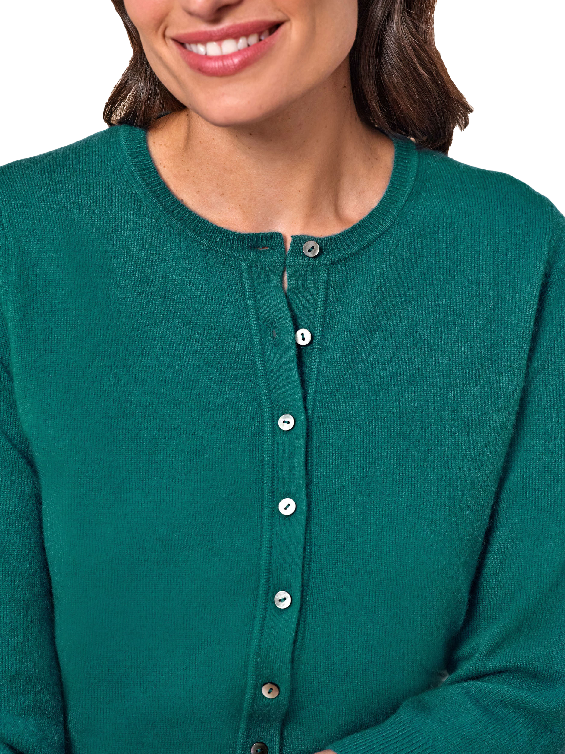 Product image 2 of 3, which shows Pure Collection Cashmere Cropped Crew Neck Cardigan, Pine Green, 8