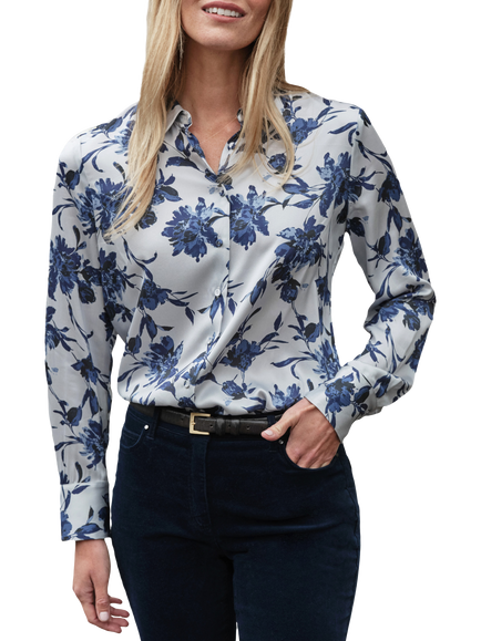 Pure Collection Floral Pure Silk Satin Shirt, Blue, Blue