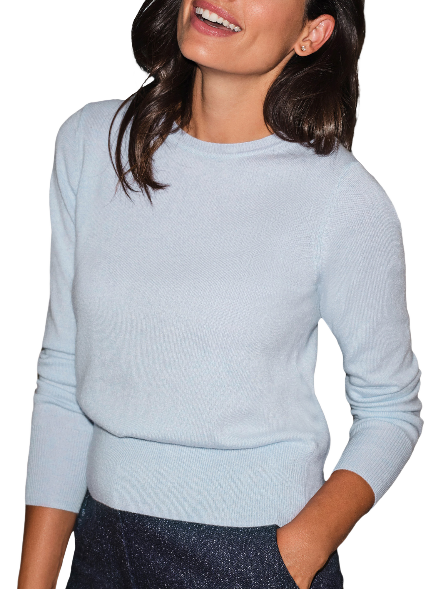 Product image 1 of 3, which shows Pure Collection Cashmere Cropped Crew Neck Sweater, Cloud Blue, 8