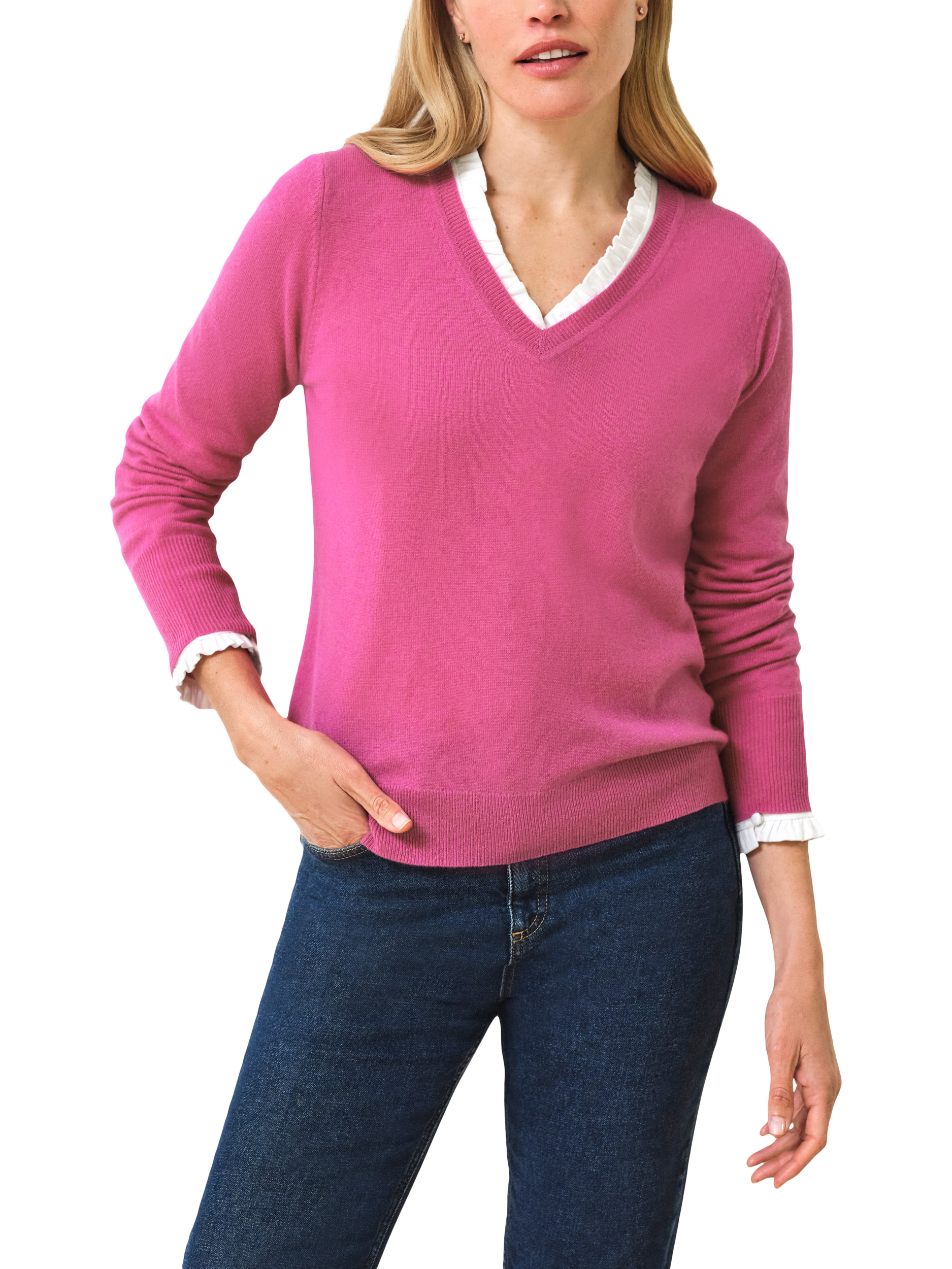 Product image 1 of 2, which shows Pure Collection V-Neck Cashmere Jumper, Raspberry Rose, 8