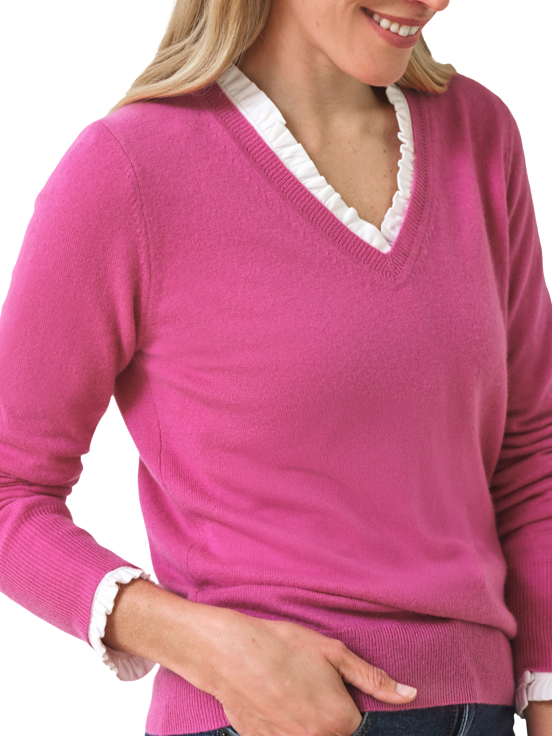 Product image 2 of 2, which shows Pure Collection V-Neck Cashmere Jumper, Raspberry Rose, 8