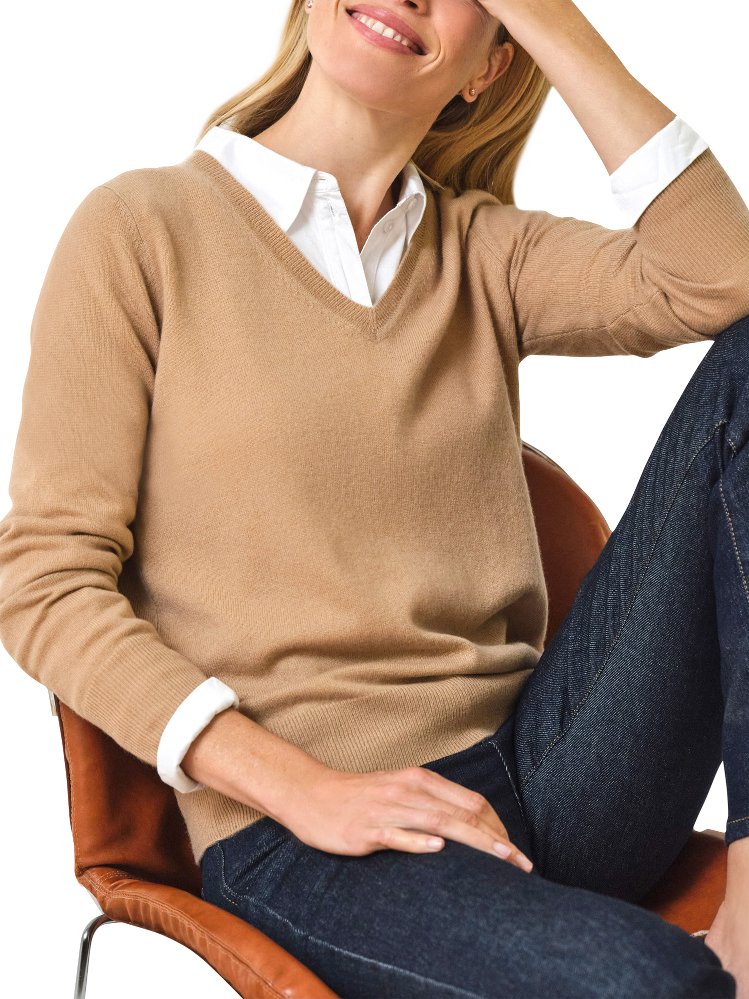 Product image 1 of 3, which shows Pure Collection Pure Cashmere V-Neck Jumper , Caramel, 8