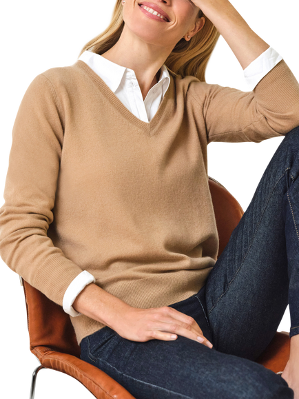 Pure Collection V-Neck Pure Cashmere Jumper, Caramel