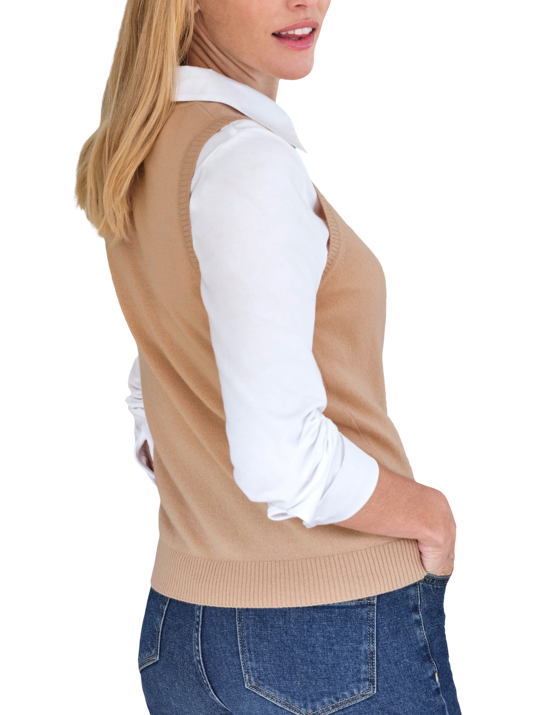 Product image 2 of 3, which shows Pure Collection Crew Neck Pure Cashmere Tank Top, Camel, 8