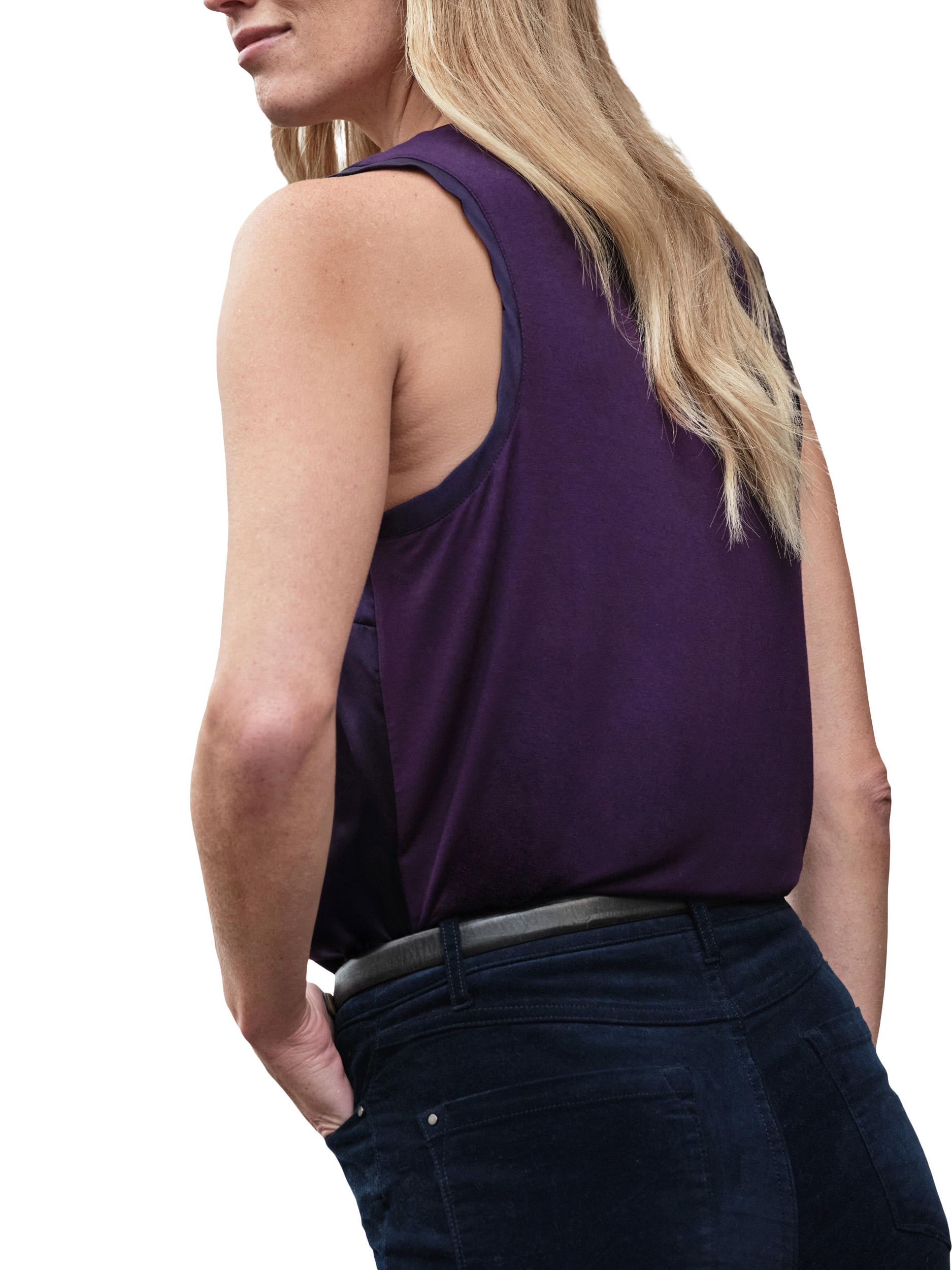 Product image 2 of 3, which shows Pure Collection Silk Front Jersey Vest , Plum, 8