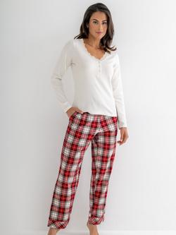 Pour Moi Rib Jersey Lace Trim Henley Top & Check Trousers Pyjama Set, Red/Cream, Red/Cream