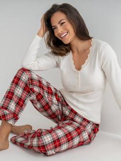 Pour Moi Rib Jersey Lace Trim Henley Top & Check Trousers Pyjama Set, Red/Cream - view 2, Red/Cream