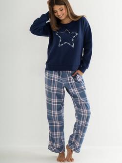 Pour Moi Logo Sweatshirt Cosy Check Pyjama Set, Steel Blue/Navy, Steel Blue/Navy