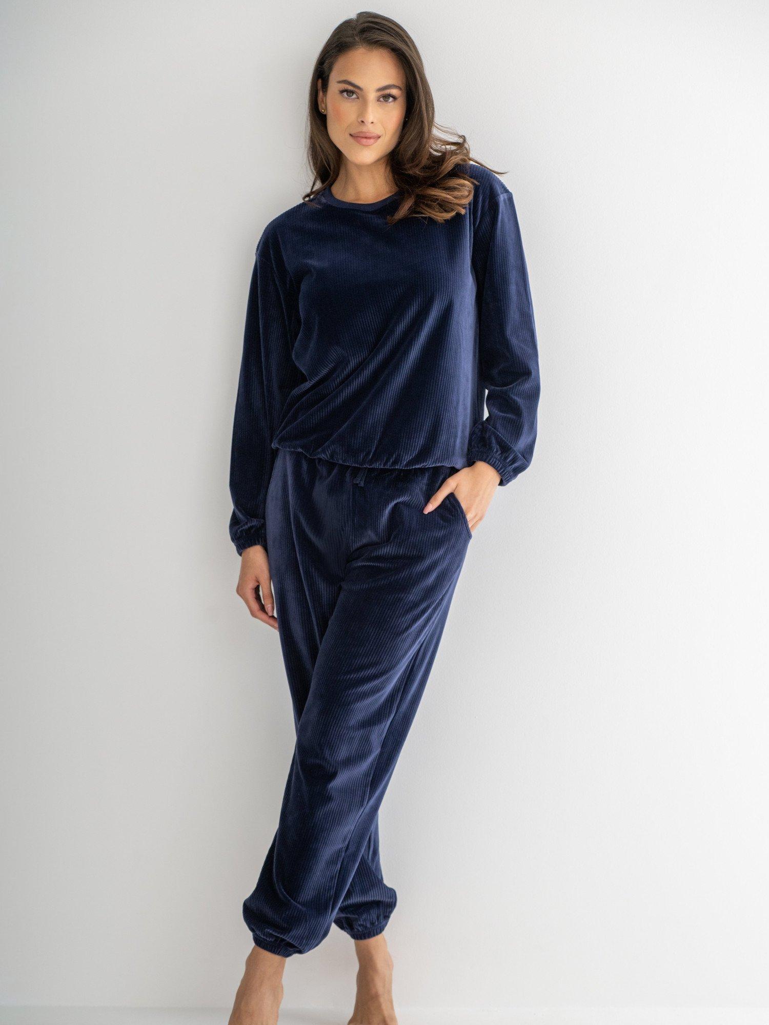 Product image 3 of 10, which shows Pour Moi Ribbed Cosy Fleece Lounge Pyjama Set, Navy, 8