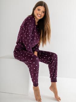 Pour Moi Cosy Fleece Sweatshirt & Joggers Pyjama Set - view 2, Plum/White