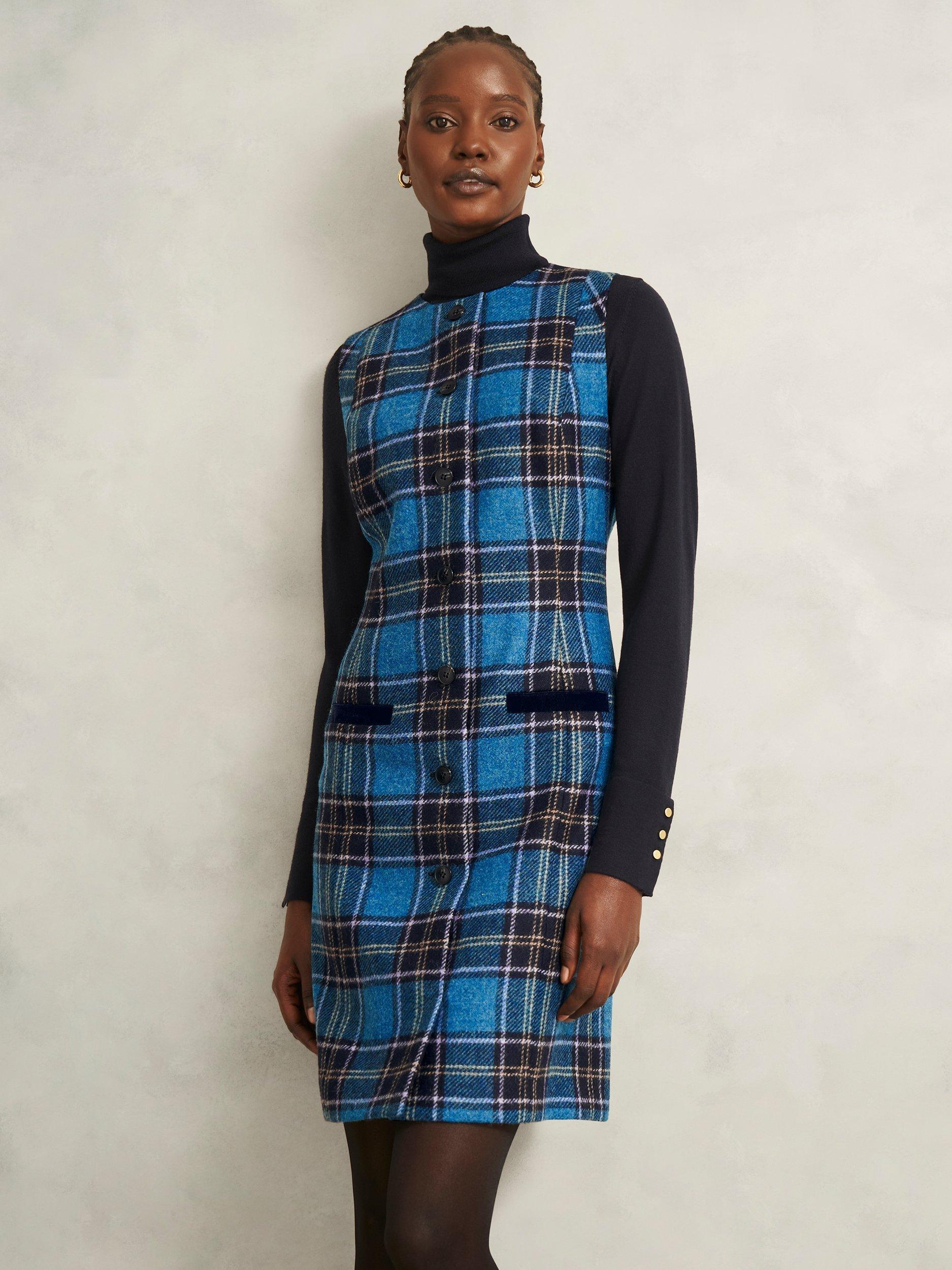 Product image 1 of 6, which shows Hobbs Joella Check Wool Shift Dress, Blue/Multi, 10