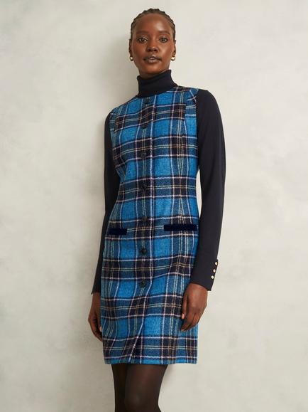 Hobbs Joella Check Wool Shift Dress, Blue/Multi, Blue/Multi