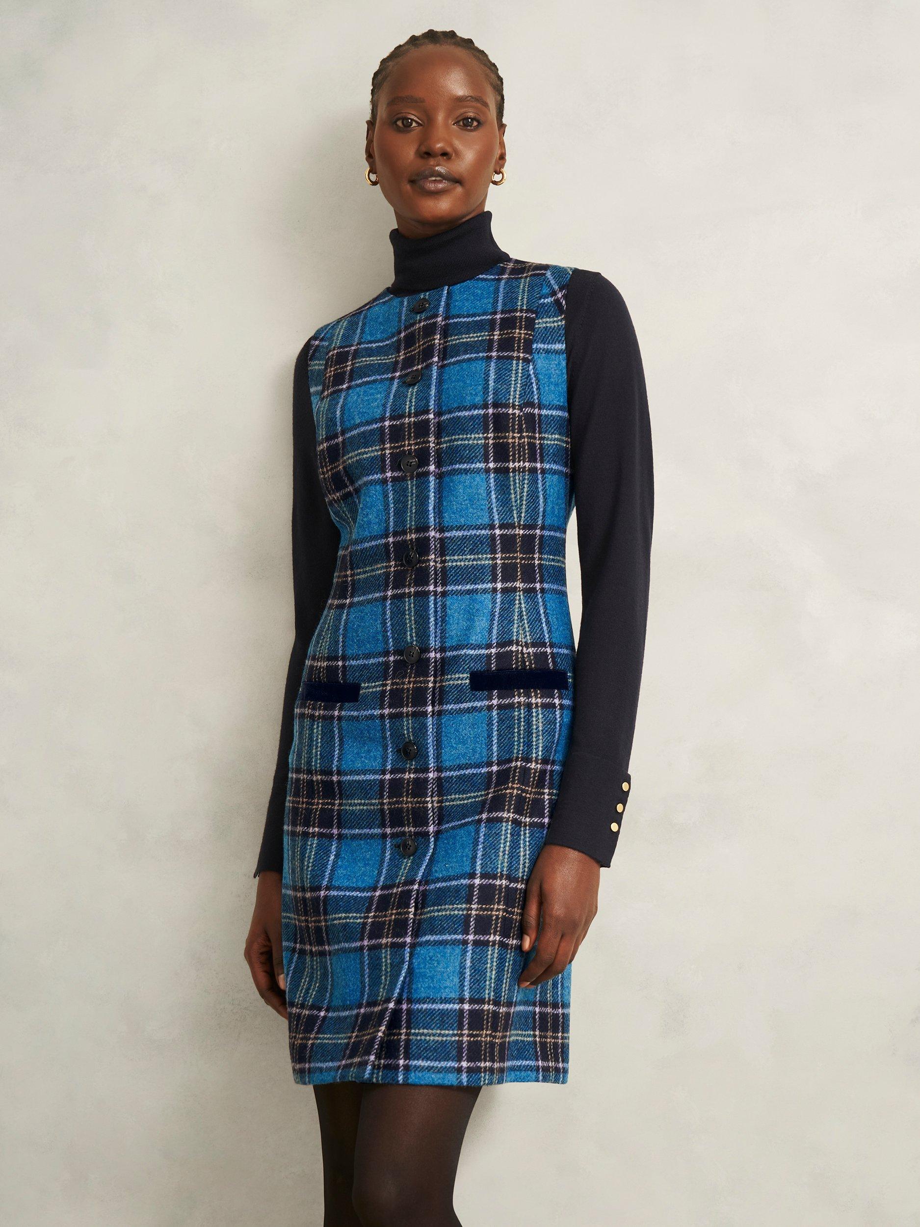 Product image 1 of 6, which shows Hobbs Petite Joella Check Wool Shift Dress, Blue/Multi, 10