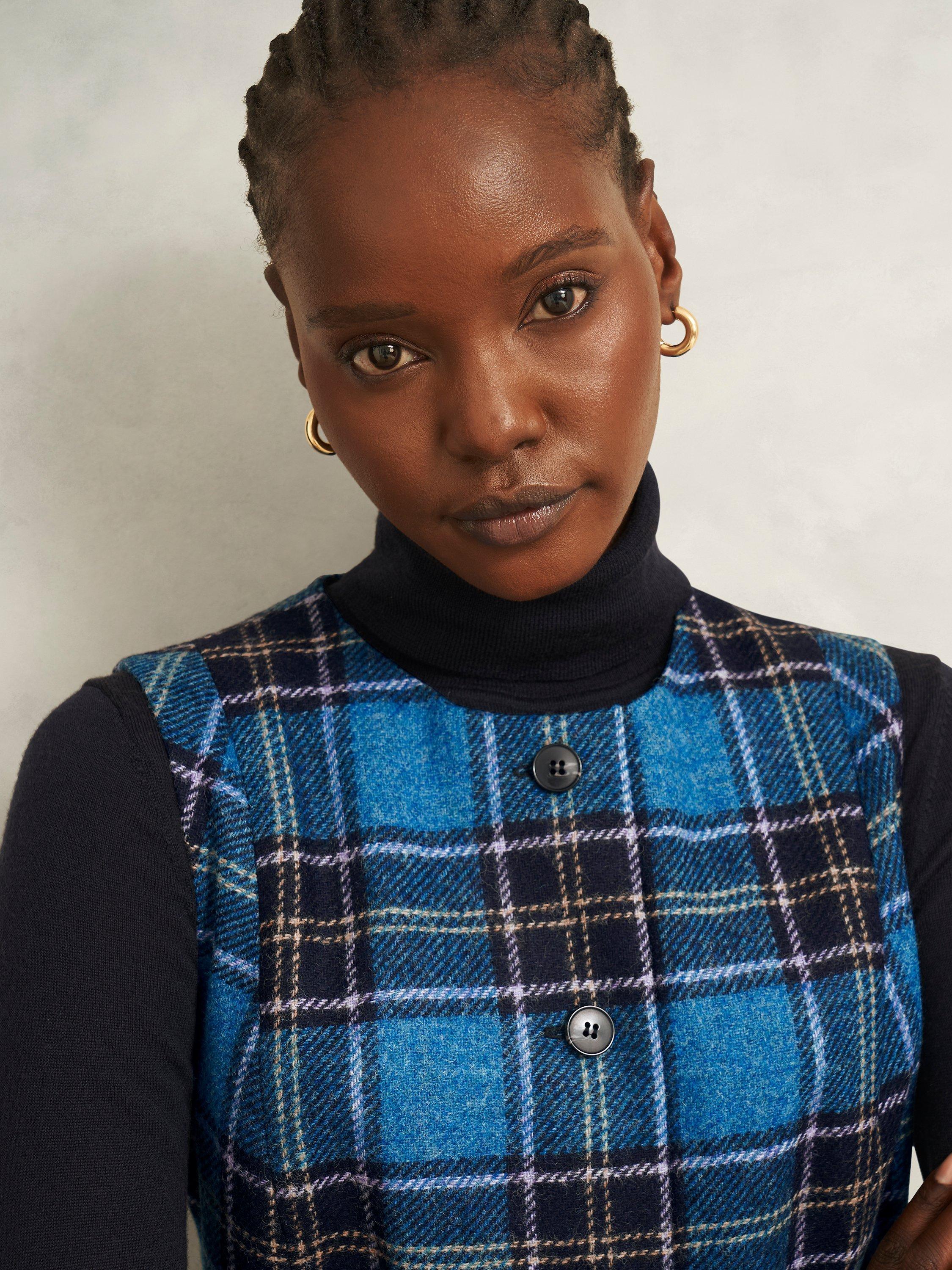 Product image 3 of 6, which shows Hobbs Petite Joella Check Wool Shift Dress, Blue/Multi, 10