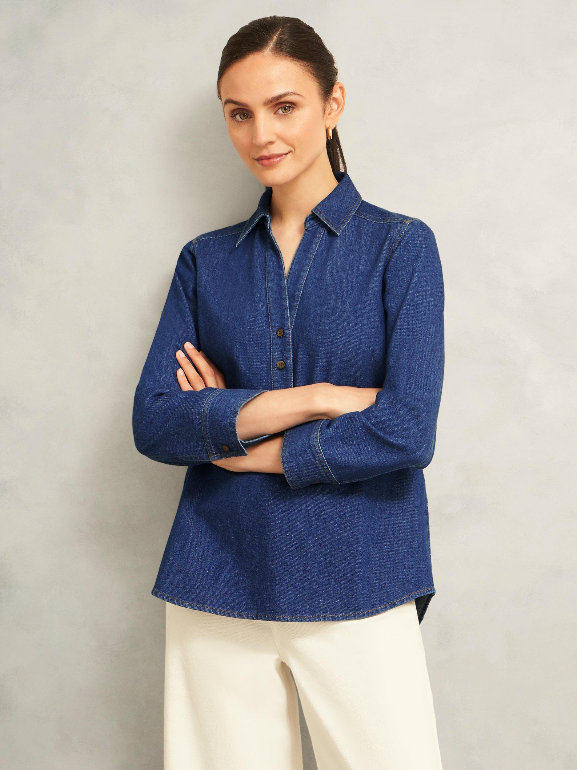 Product image 1 of 5, which shows Hobbs Elena Denim Blouse, Mid Blue, 6