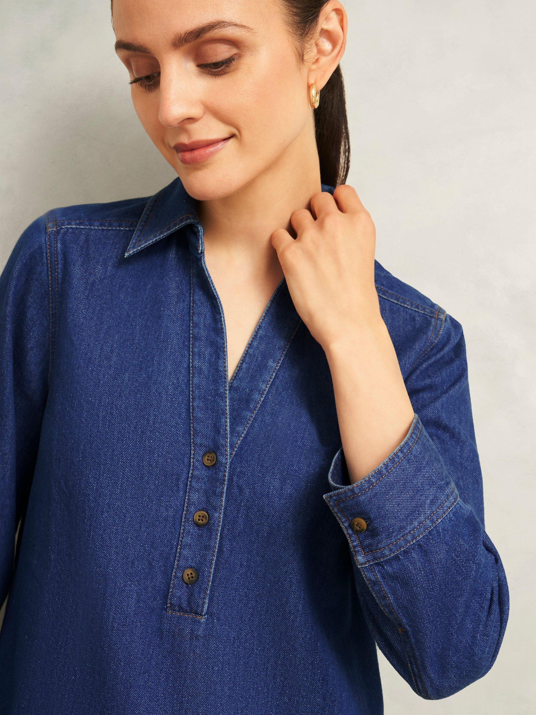 Product image 3 of 5, which shows Hobbs Elena Denim Blouse, Mid Blue, 6