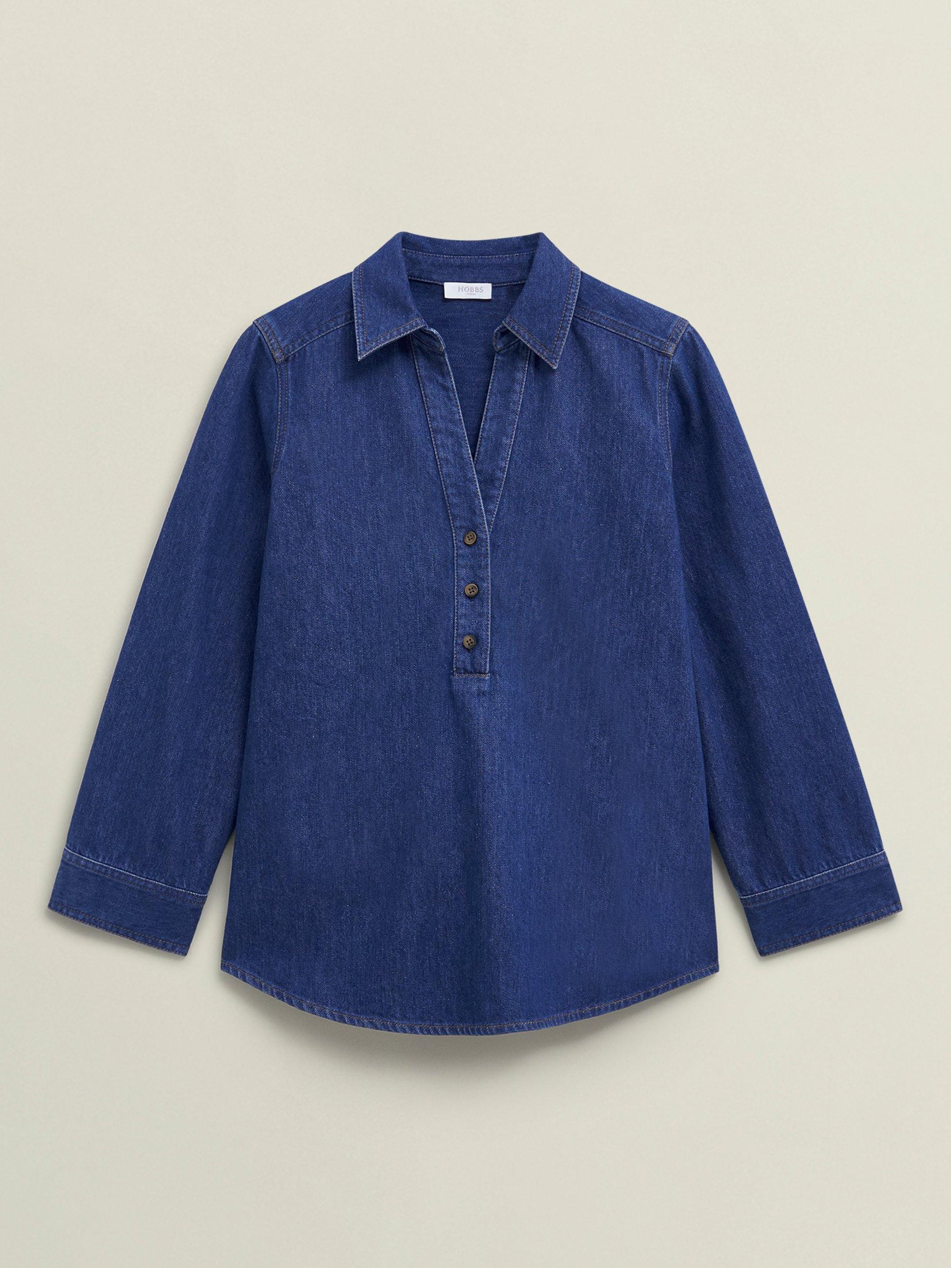 Product image 4 of 5, which shows Hobbs Elena Denim Blouse, Mid Blue, 6