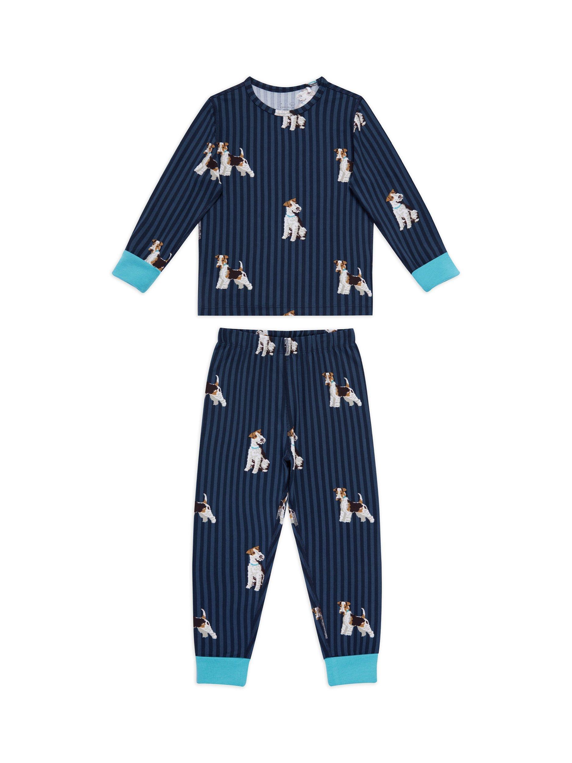 Chelsea Peers Kids' Long Sleeved Terrier Print Pyjamas, Navy