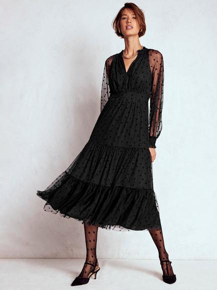 Boden Lucille Tulle Long Sleeved Midi Dress, Black, Black