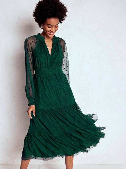 Boden Lucille Tulle Midi Dress, Emerald Night, Emerald Night