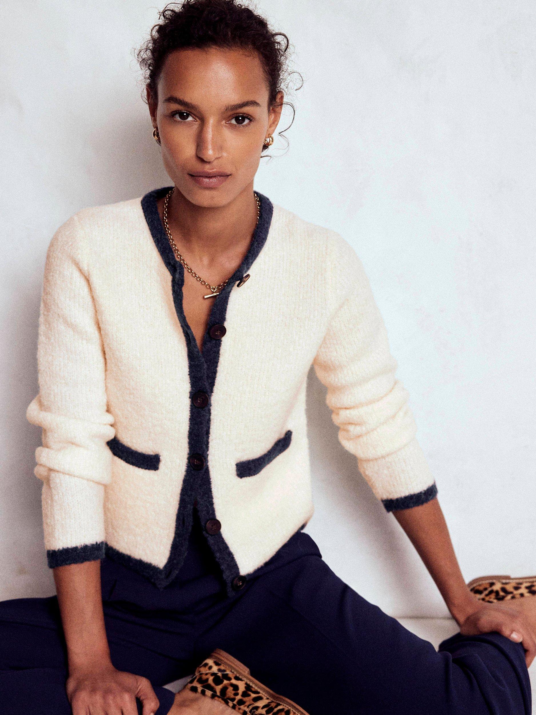 Product image 1 of 6, which shows Boden Holly Colour Contrast Boucle Wool Rich Jacket, Warm Ivory, 12