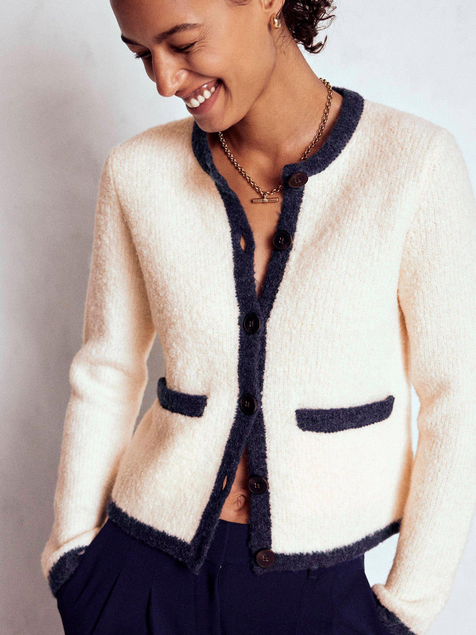 Product image 2 of 6, which shows Boden Holly Colour Contrast Boucle Wool Rich Jacket, Warm Ivory, 12
