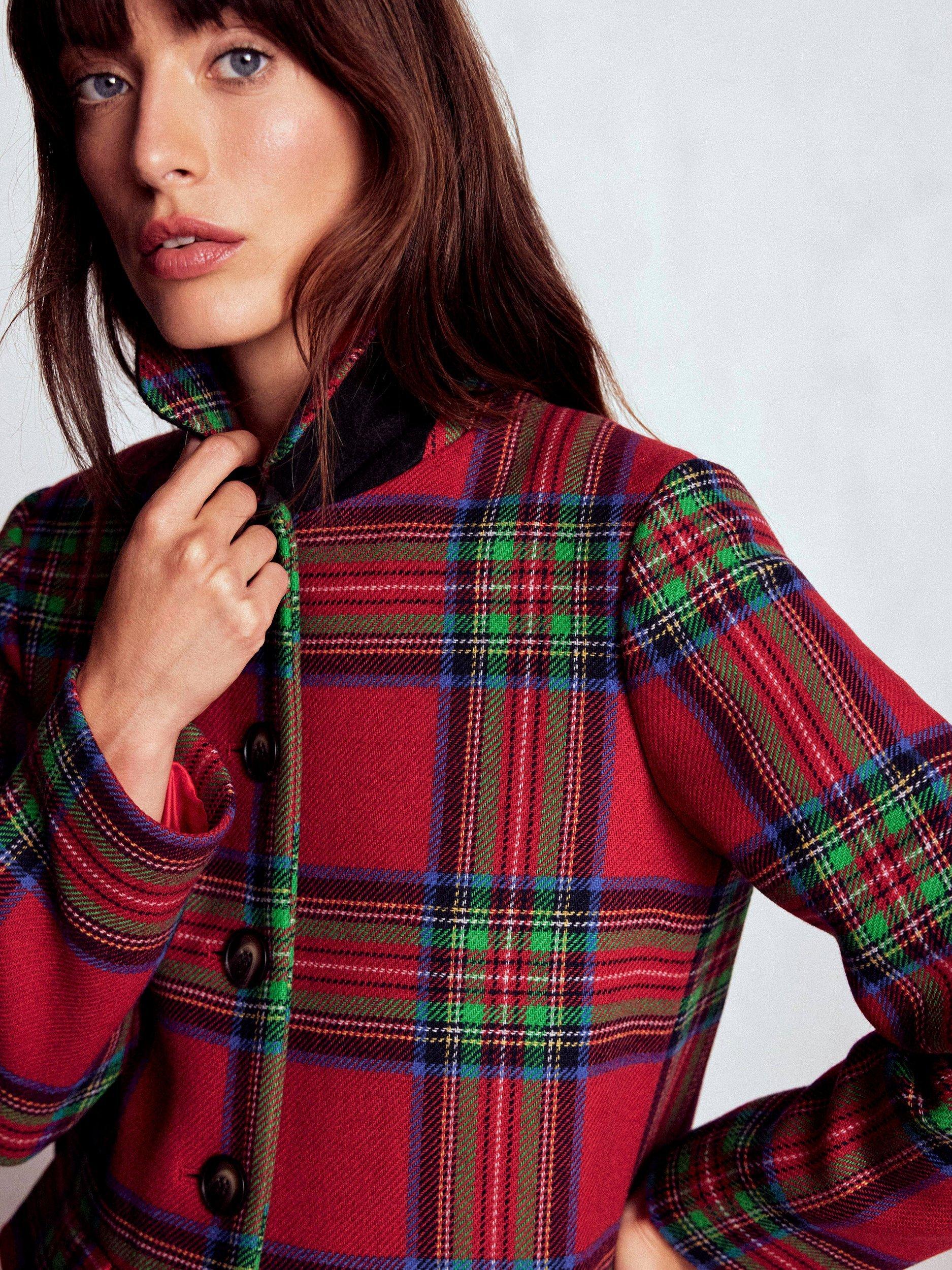 Product image 2 of 5, which shows Boden Edinburgh Tartan Wool Rich Swing Coat, Red/Multi, 8