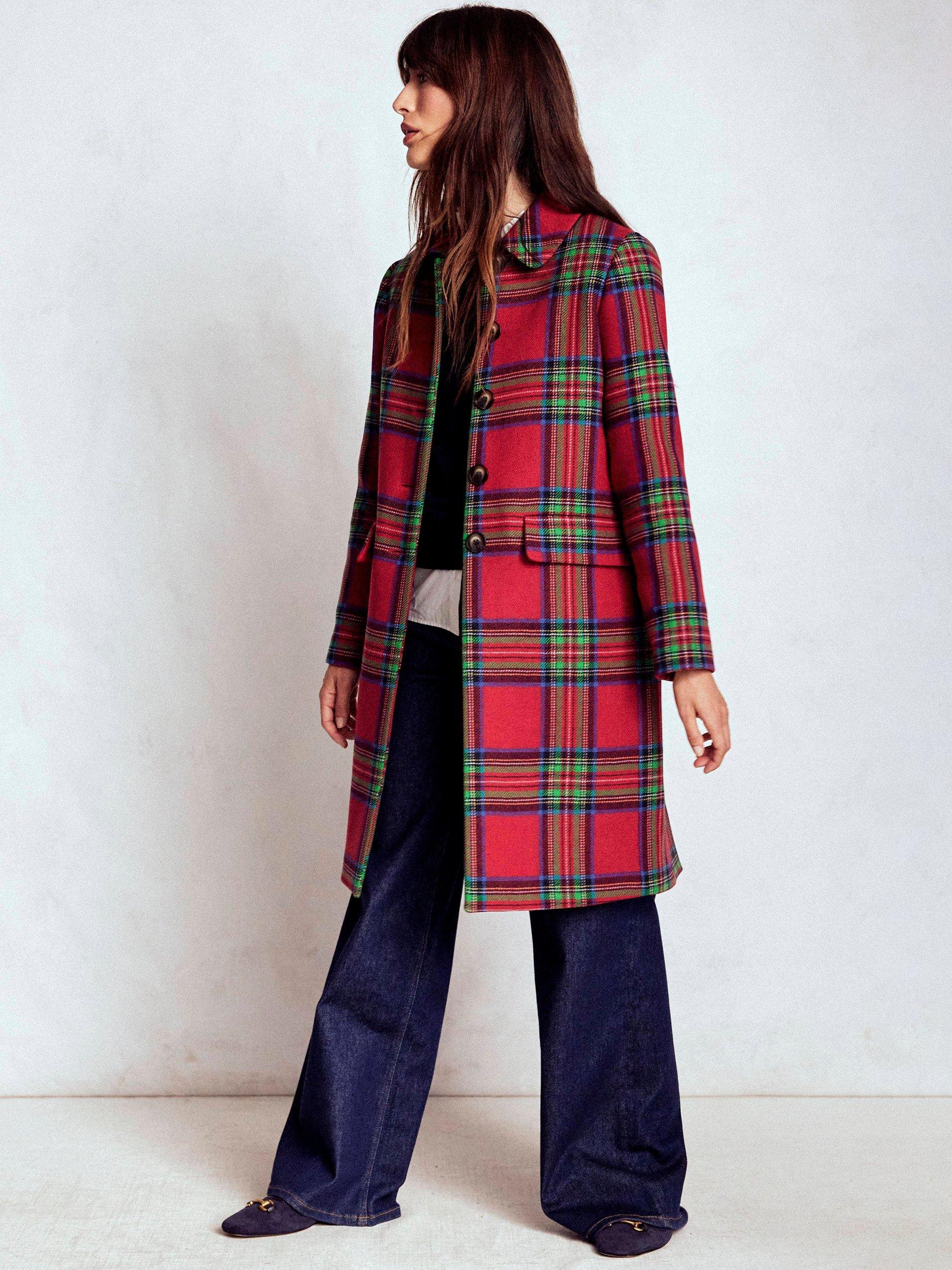 Product image 4 of 5, which shows Boden Edinburgh Tartan Wool Rich Swing Coat, Red/Multi, 8