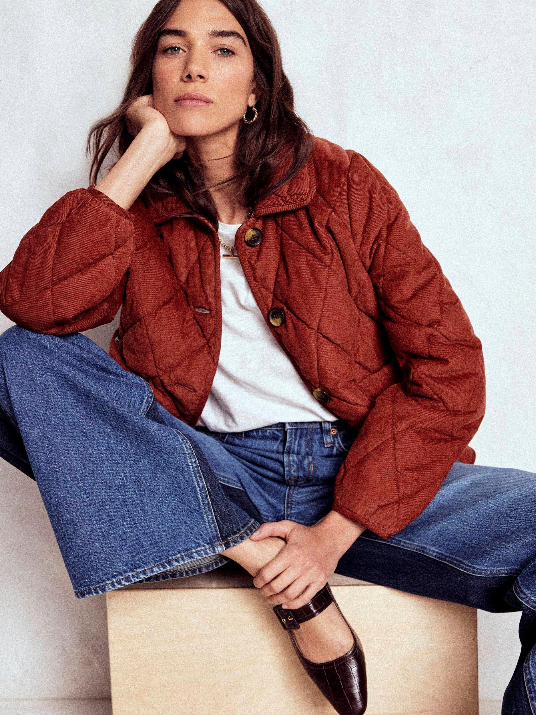 Product image 1 of 6, which shows Boden Fitzrovia Quilted Corduroy Jacket, Fire Brick Red, 14