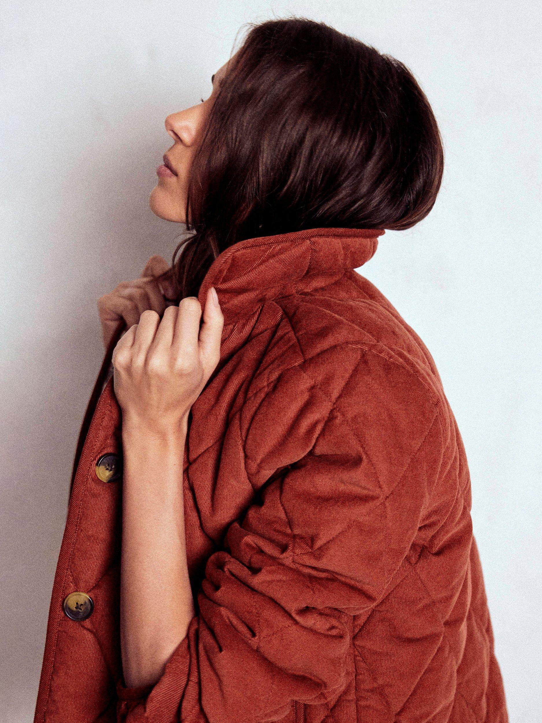 Product image 2 of 6, which shows Boden Fitzrovia Quilted Corduroy Jacket, Fire Brick Red, 14