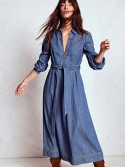 Boden Adelaide Zip Denim Midi Dress, Mid Vintage Denim, Mid Vintage Denim