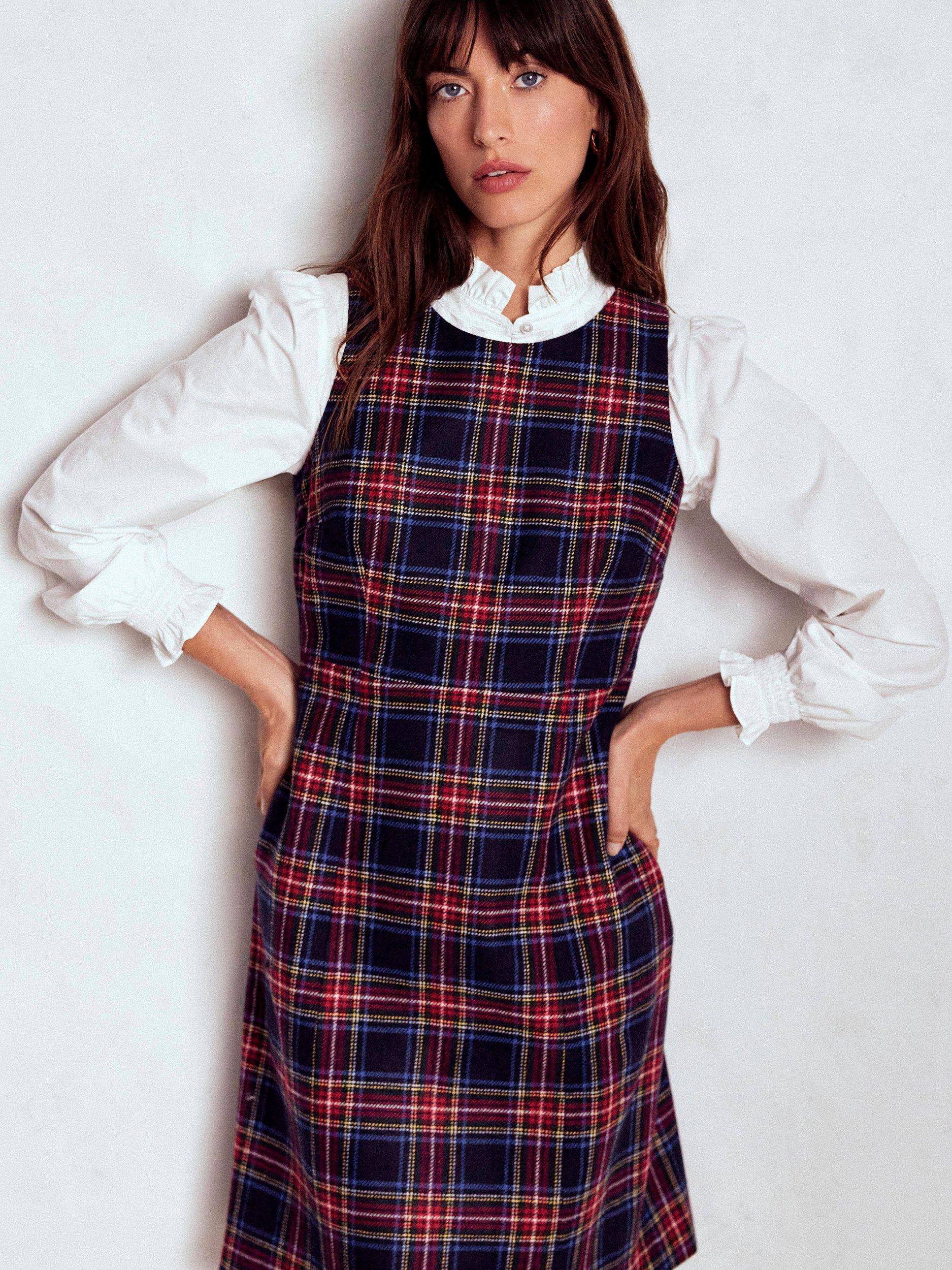 Product image 1 of 5, which shows Boden Annie Check Wool Rich Shift Dress, Navy/Multi, 12