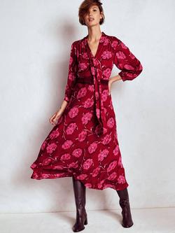 Boden Brooke Floral Tie Neck Tea Dress, Red, Red