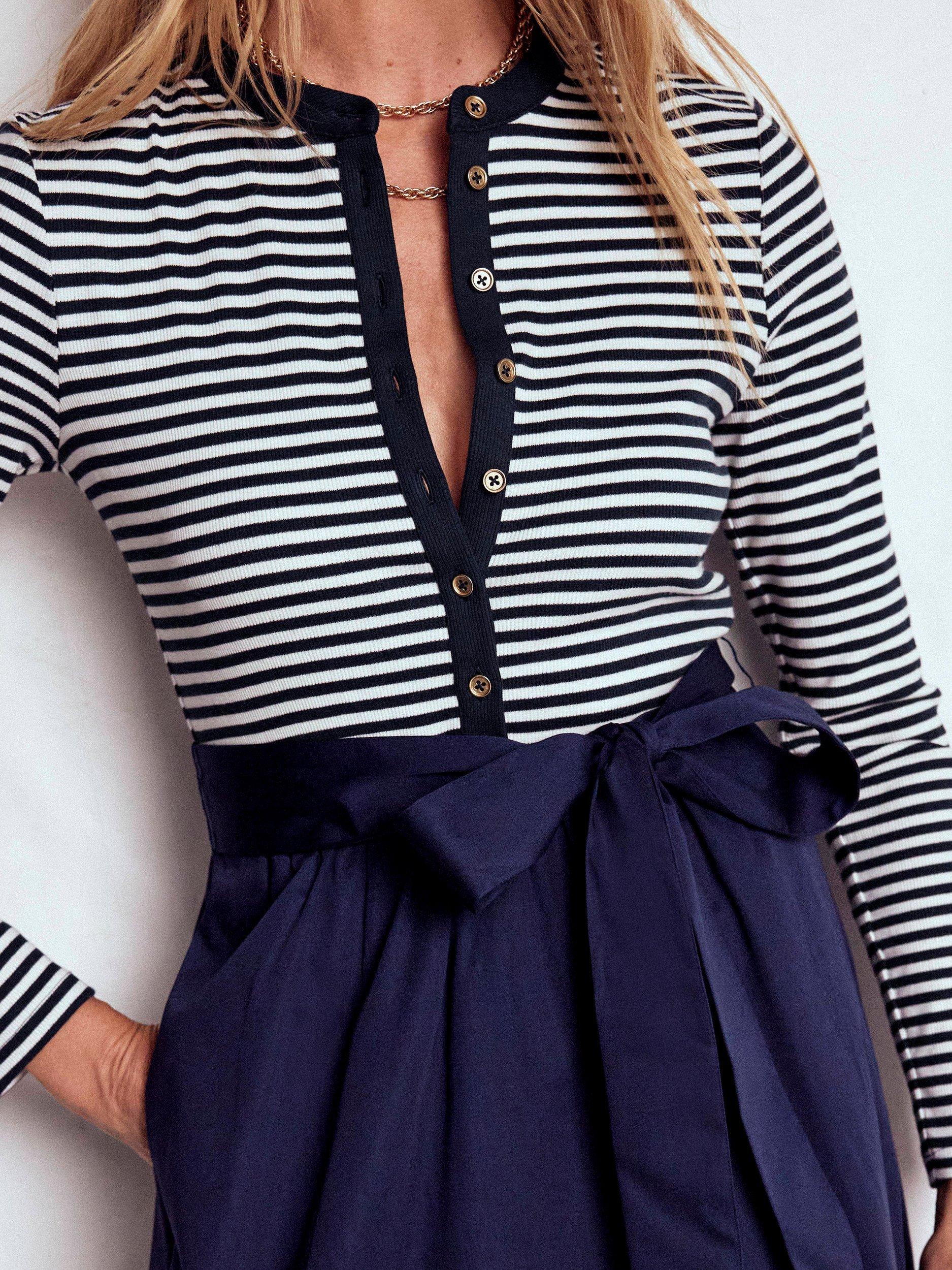 Product image 2 of 5, which shows Boden Button Detail Mix Dress, Navy, 12