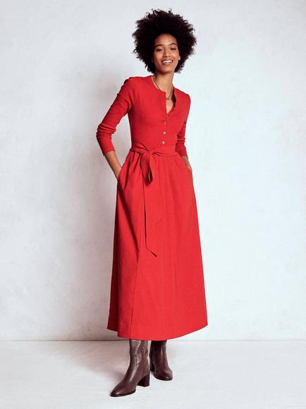 Boden Button Detail Mix Dress, Crimson Red, Crimson Red