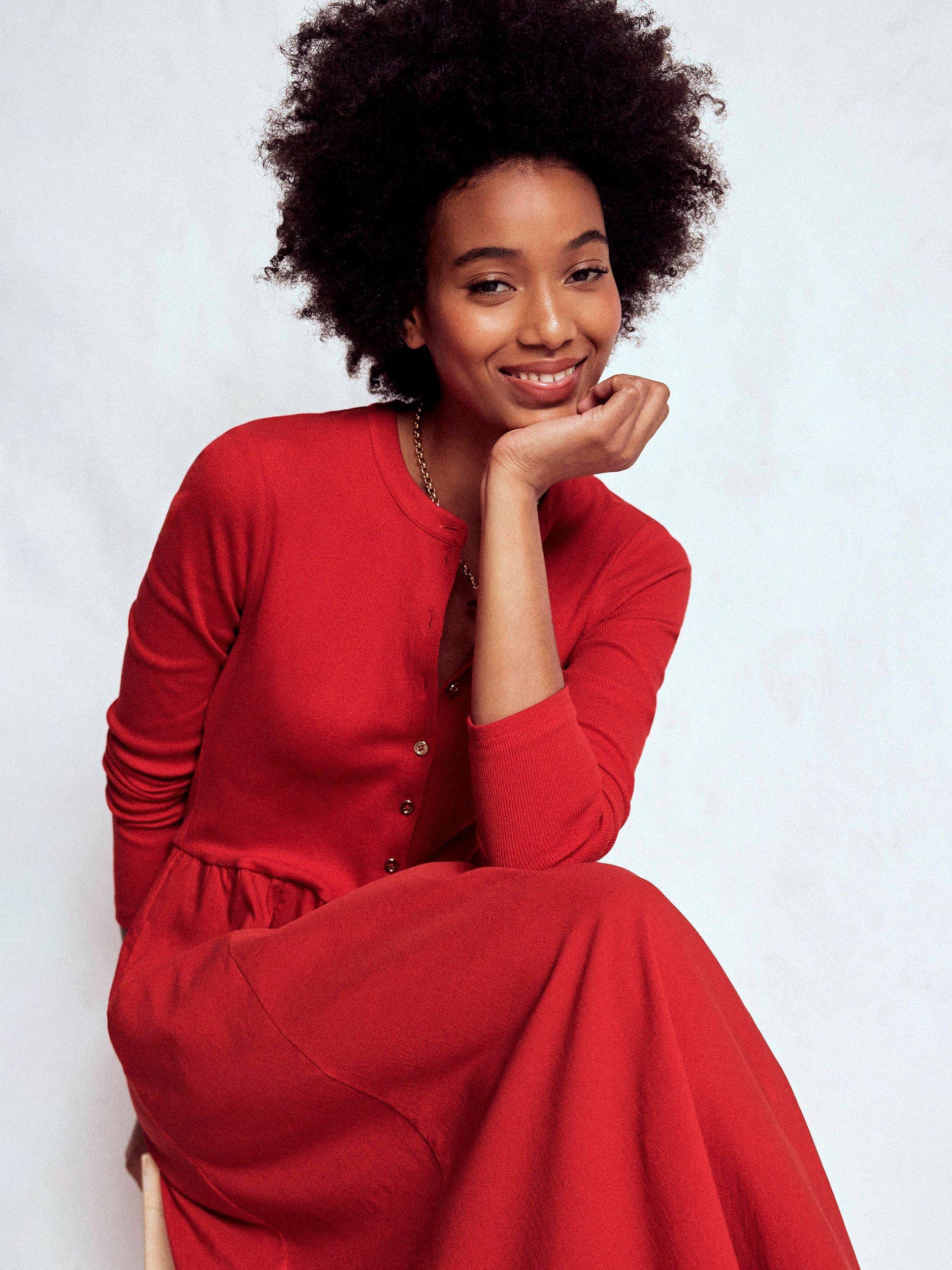 Product image 5 of 6, which shows Boden Button Detail Mix Dress, Crimson Red, 8