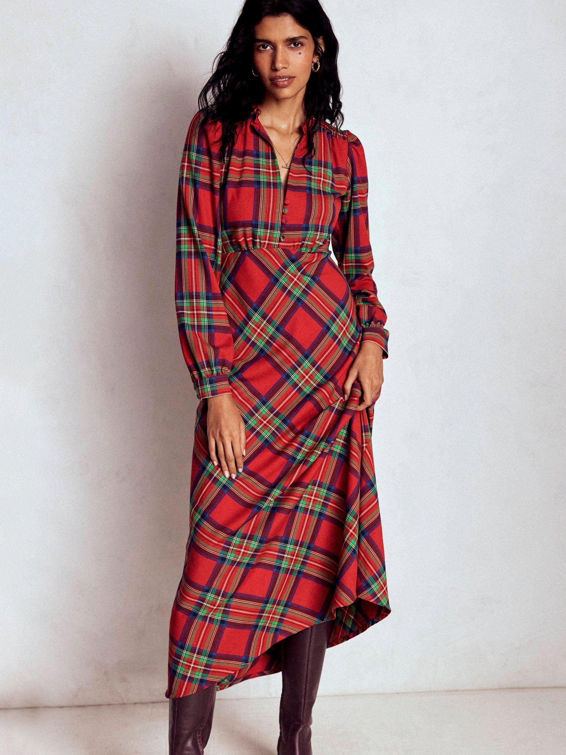 Boden Cassie Check Tea Dress, Red/Multi