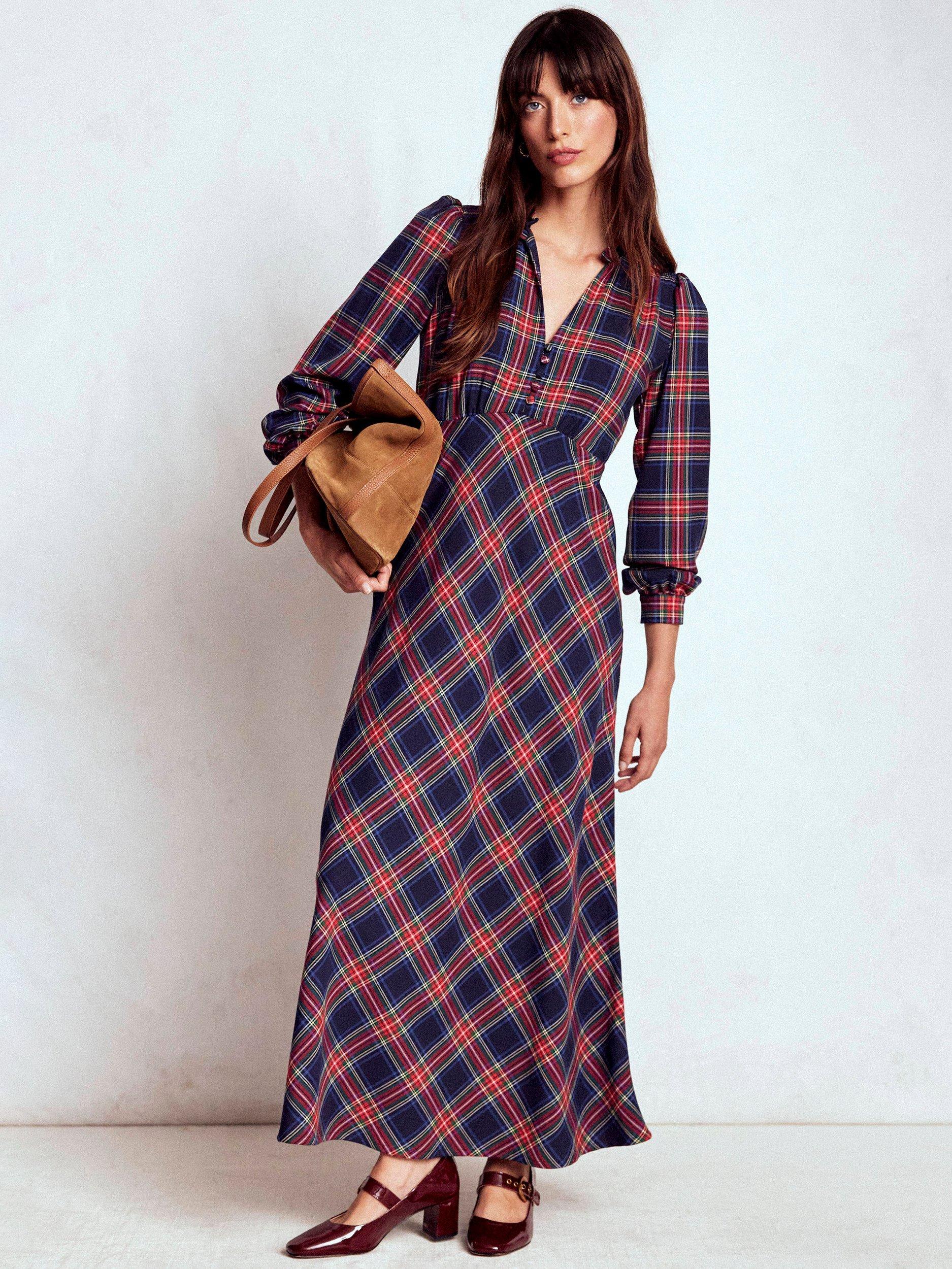 Product image 1 of 6, which shows Boden Cassie Check Tea Dress, Navy/Green/Red, 10