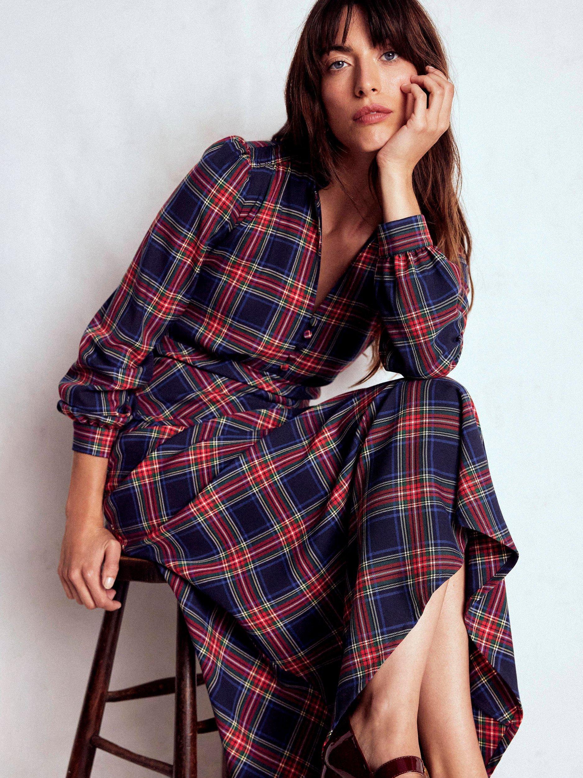 Product image 4 of 6, which shows Boden Cassie Check Tea Dress, Navy/Green/Red, 10