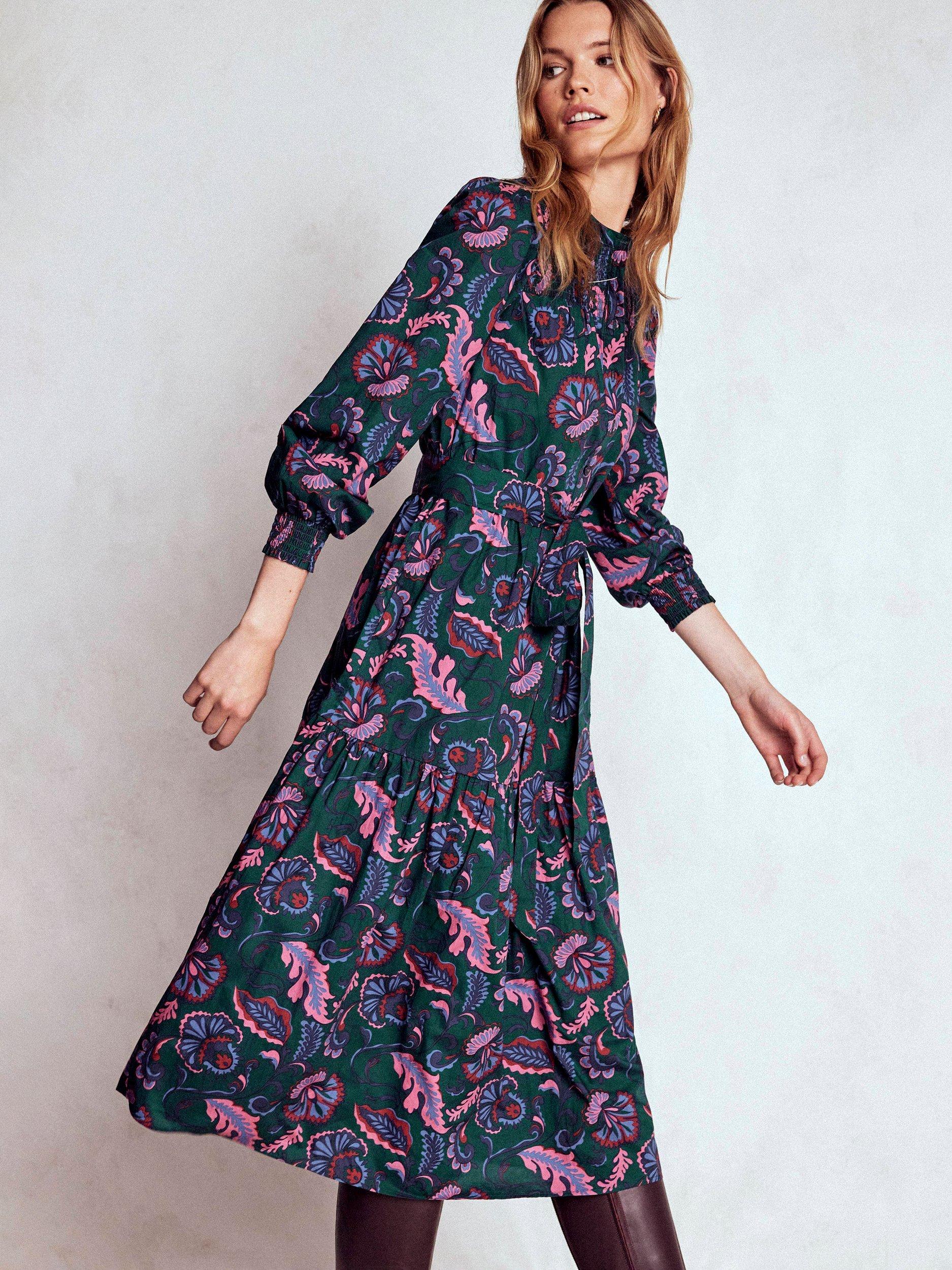 Product image 1 of 6, which shows Boden Cecily Leaves Midi Dress, Emerald, 8