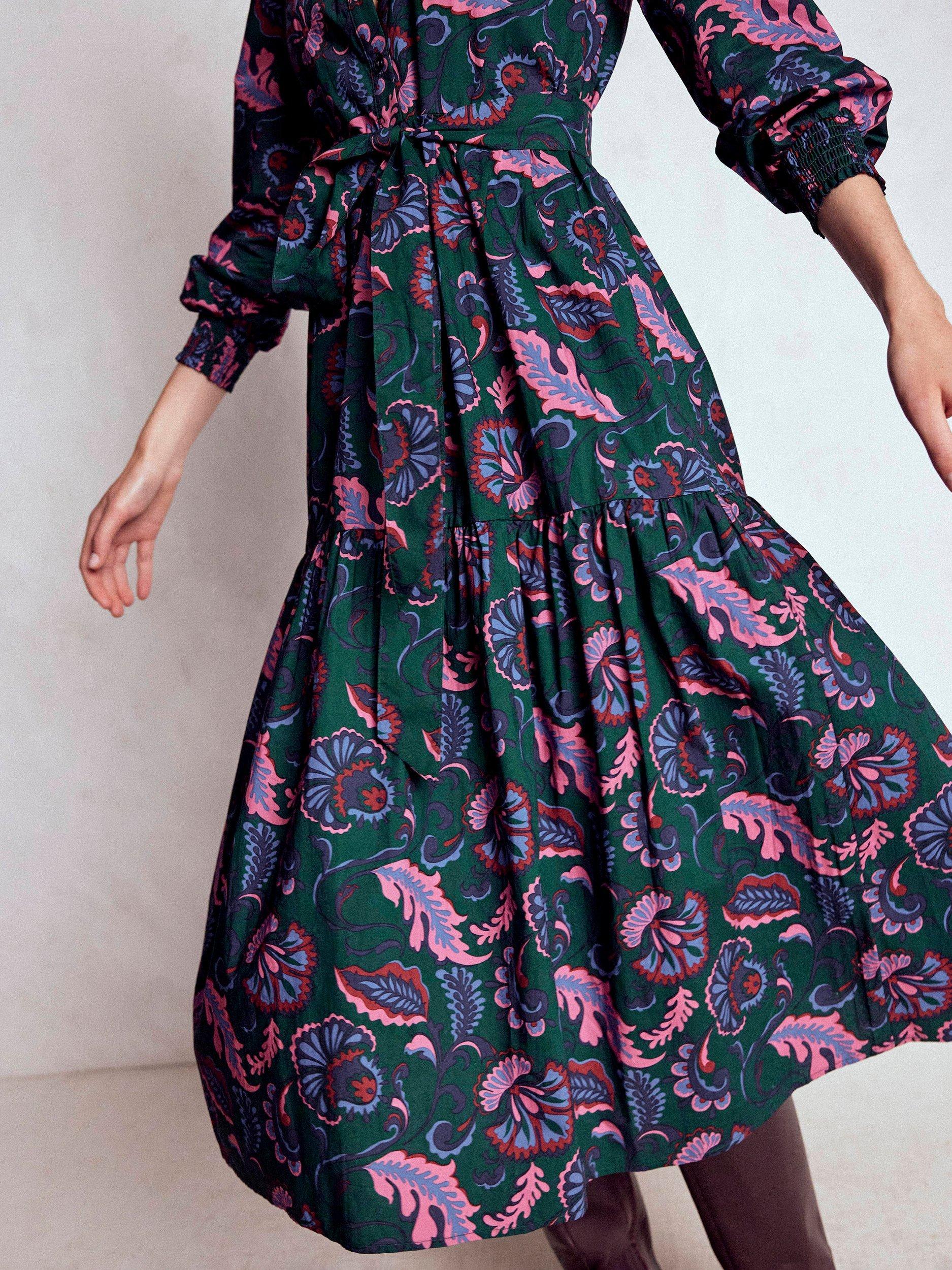 Product image 2 of 6, which shows Boden Cecily Leaves Midi Dress, Emerald, 8