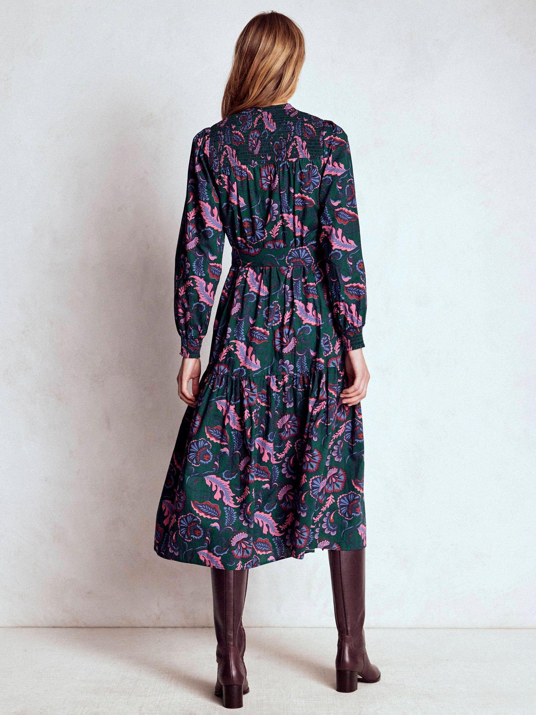 Product image 3 of 6, which shows Boden Cecily Leaves Midi Dress, Emerald, 8