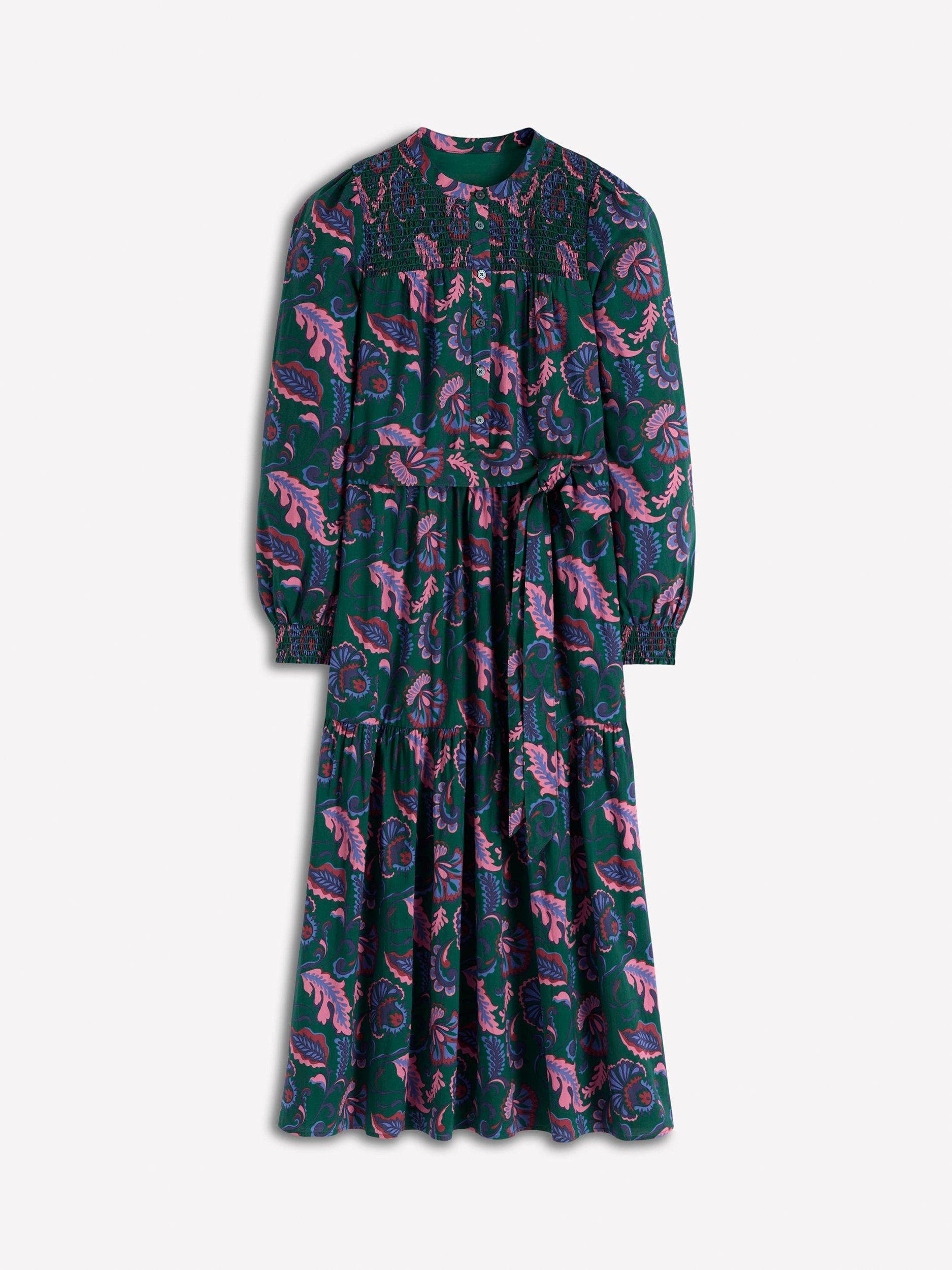 Product image 6 of 6, which shows Boden Cecily Leaves Midi Dress, Emerald, 8