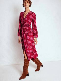 Boden Natalia Floral Long Sleeve Tea Dress, Red, Red